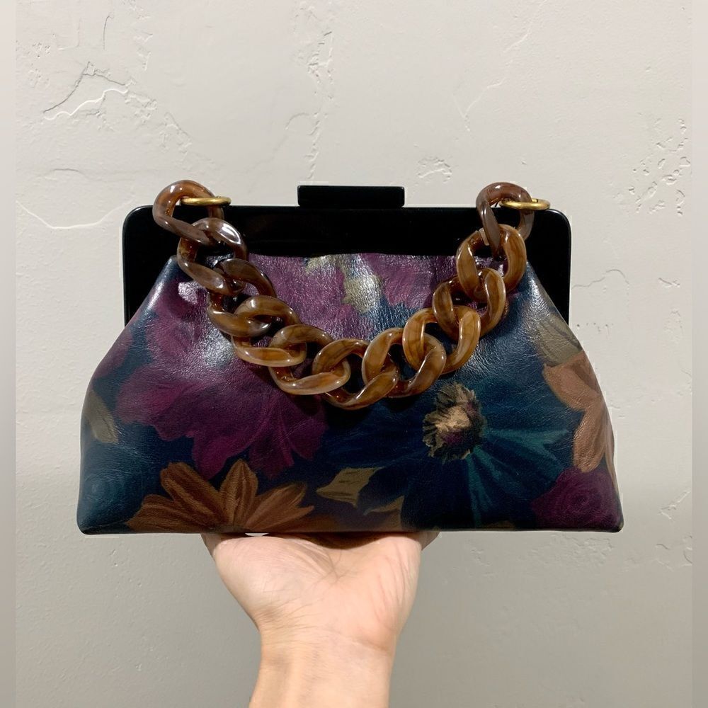 Handmade Genuine Leather Floral Print Acrylic Frame Clutch/Wristlet/Crossbody